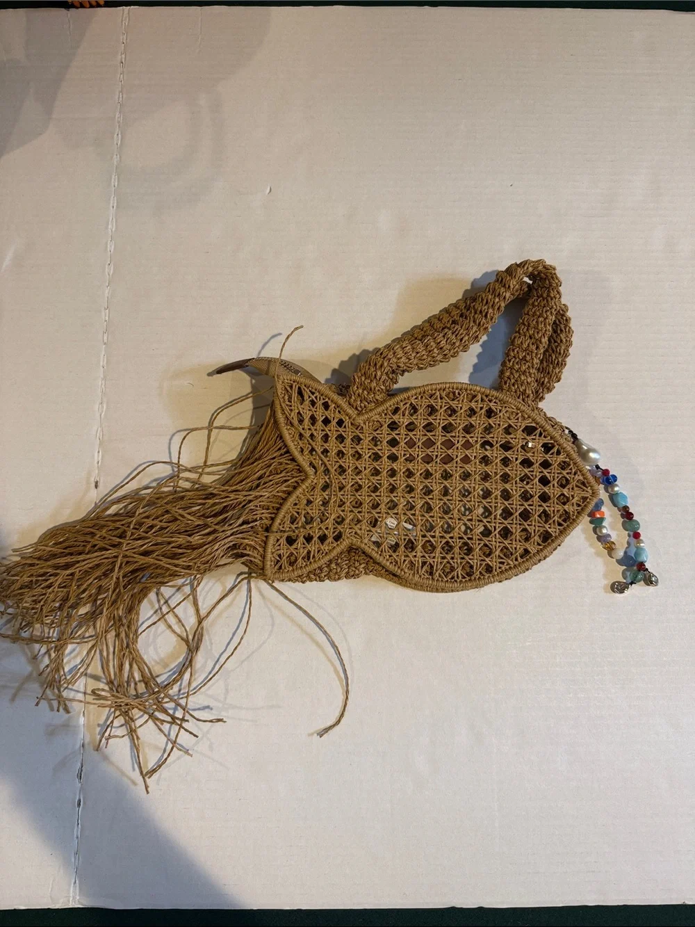 J. Crew Brown Woven Fish-Shaped Mini Bag with Bead Accent